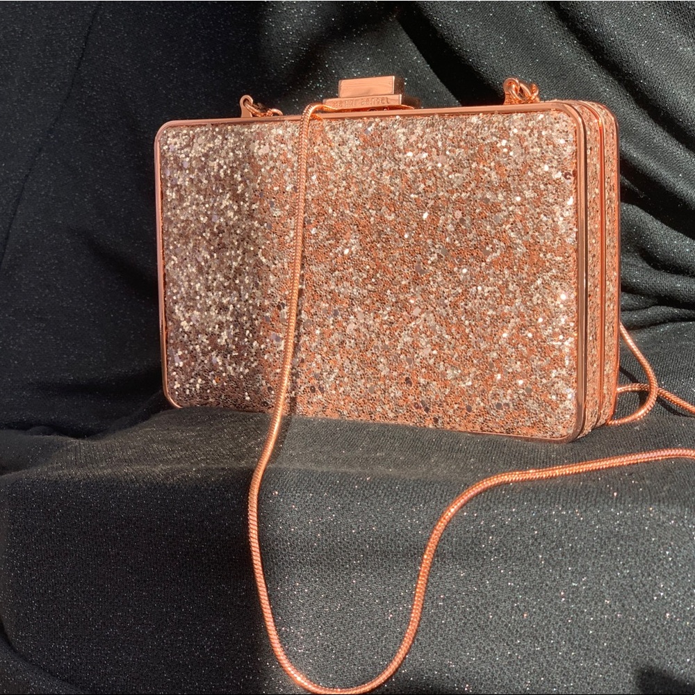 Henri Bendel Rose Gold Glitter Box Clutch